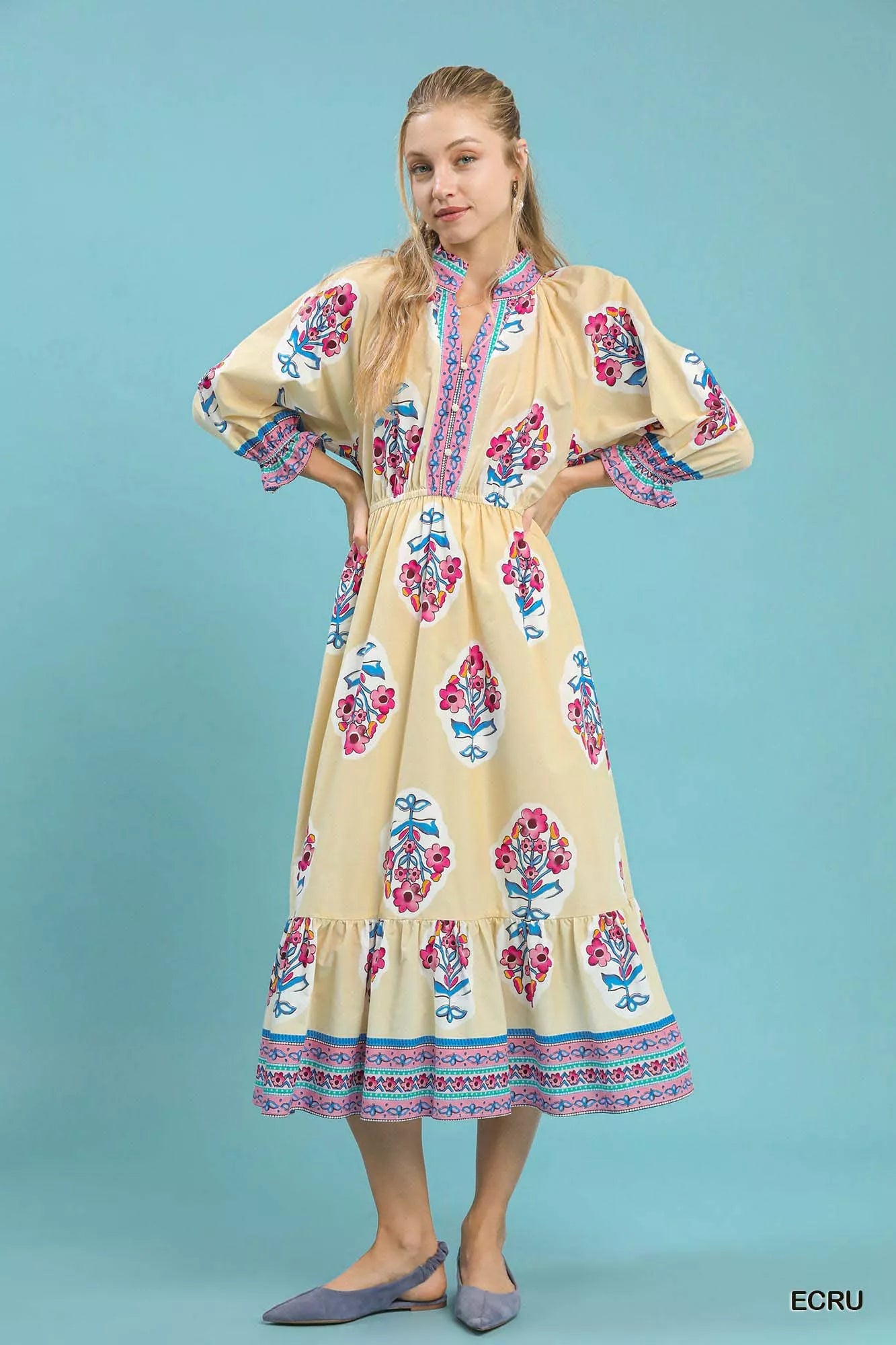 Umgee Ecru Flower Patch Border Print Midi Dress ECRU