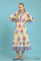 Umgee Ecru Flower Patch Border Print Midi Dress ECRU