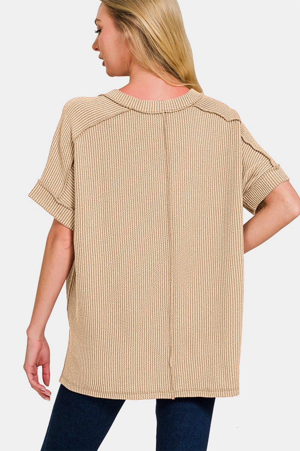 Zenana Light Mocha Corded Ribbed Short Sleeve High-Low Top Trendsi