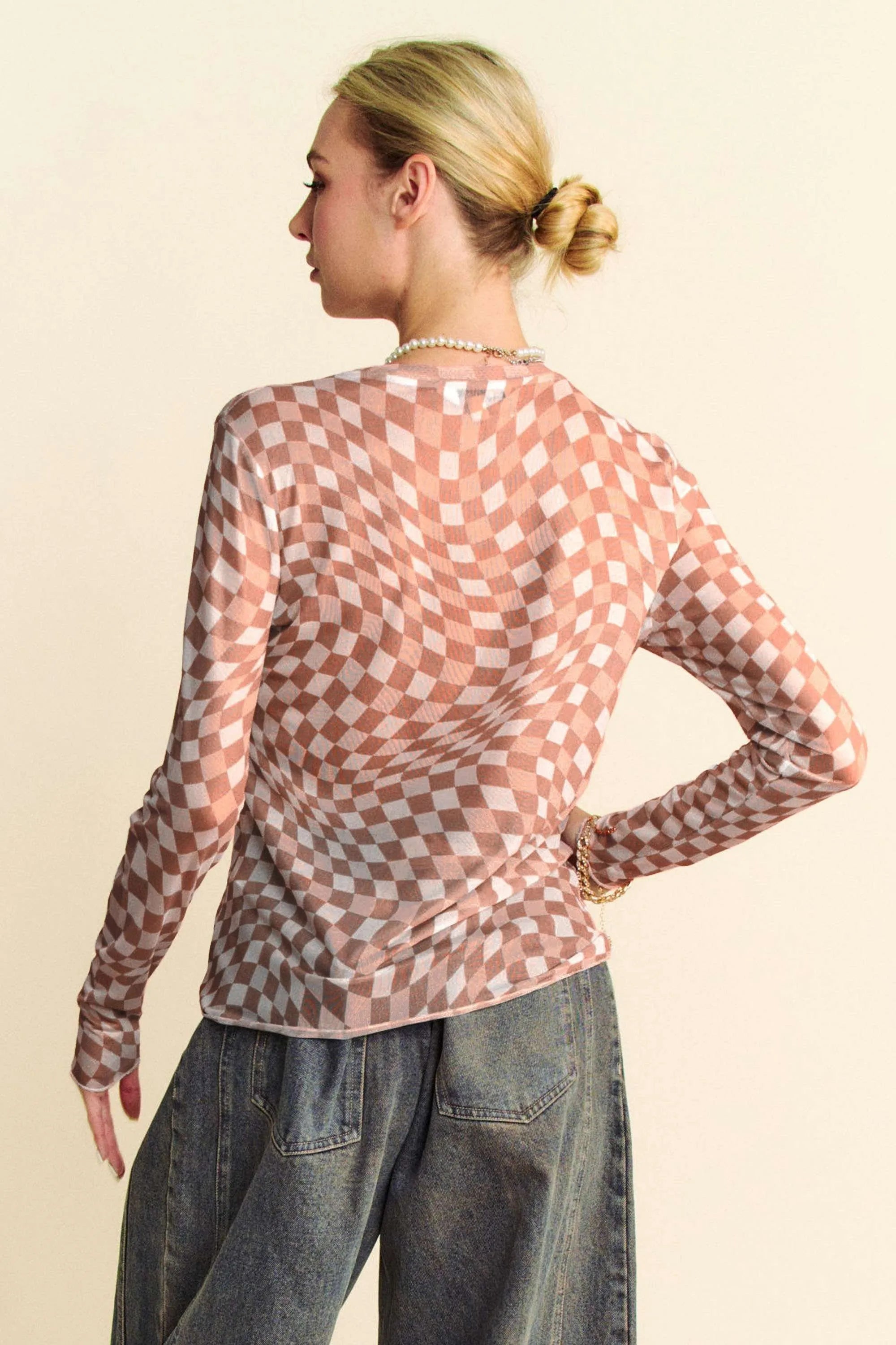 Davi & Dani Mocha Mousse Checker Board Mesh Long Sleeve Layering Top