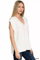 Zenana Ivory Ribbed Slit V-Neck Sweater Vest