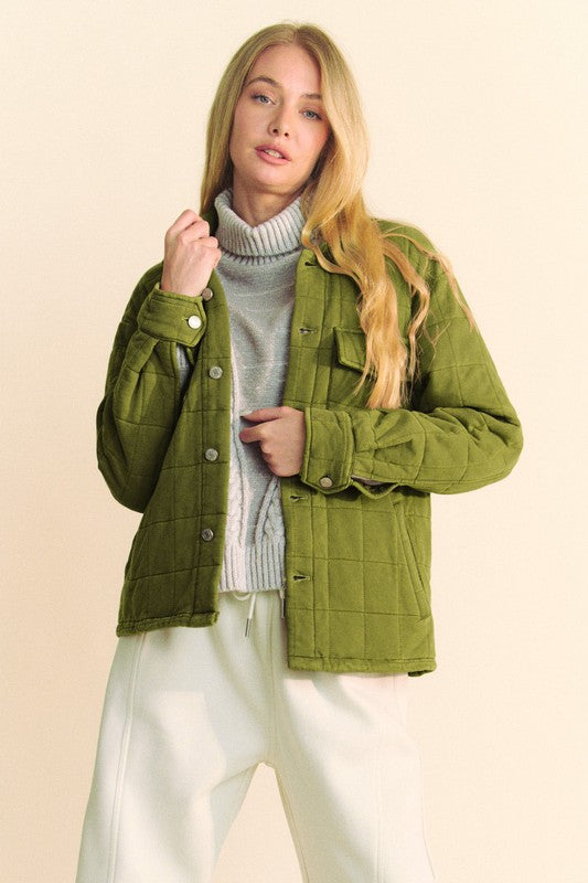 Davi & Dani Yellow Green Quilted Button Down Shacket with Chest Pockets Coats & Jackets