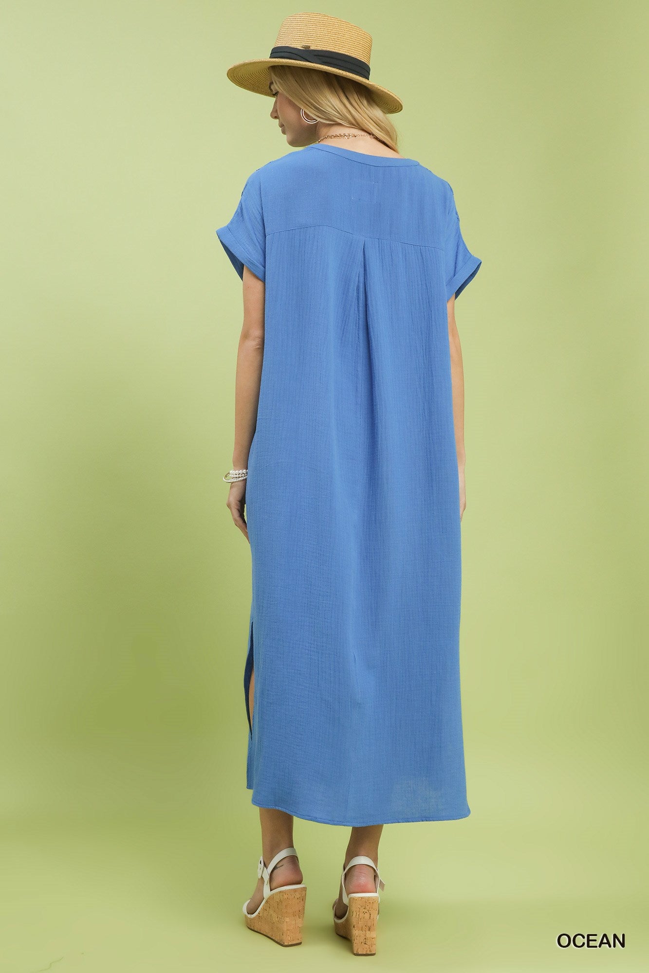 Umgee Ocean Button-Front Gauze Midi Dress with Lace Detail