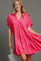 Umgee Hot Pink Raw Hem Folded Sleeve Tiered Dress Plus Size Hot Pink