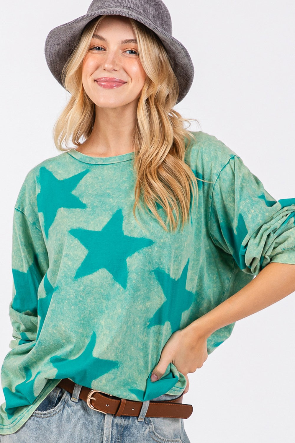 SAGE + FIG Turquoise Mineral Wash Star Pattern Top Turquoise Trendsi