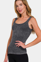 Zenana Black Stone Washed Ribbed Scoop Neck Tank Top