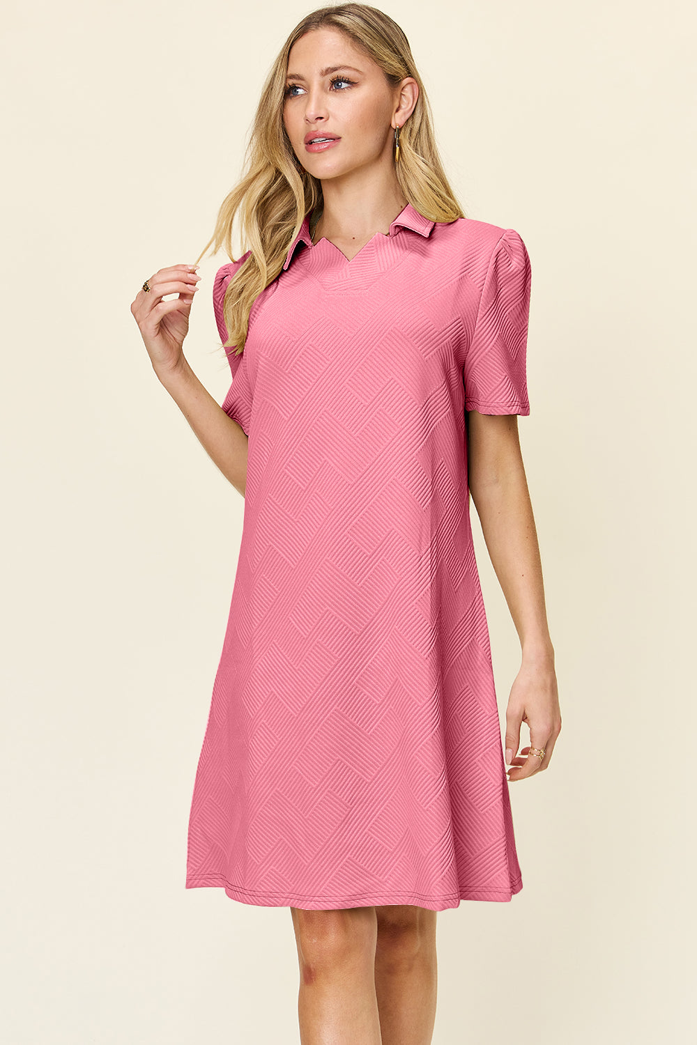 Double Take Quilted Textured Collared Neck Puff Sleeve Dress Pink Trendsi