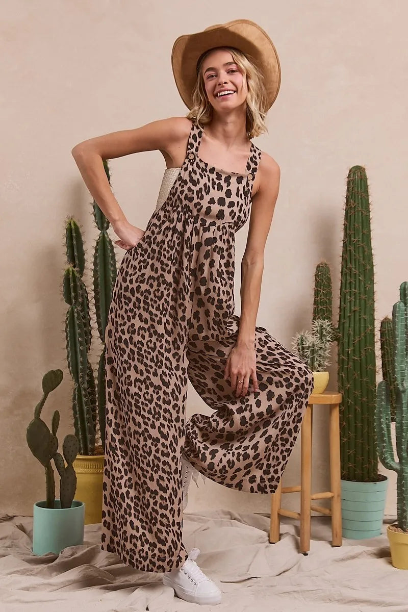 BiBi Leopard Print Wide Leg Overalls