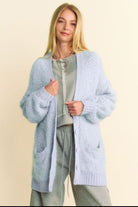 Davi & Dani Light Blue Ribbed Hem Button Up Long Sleeve Cardigan Shirts & Tops