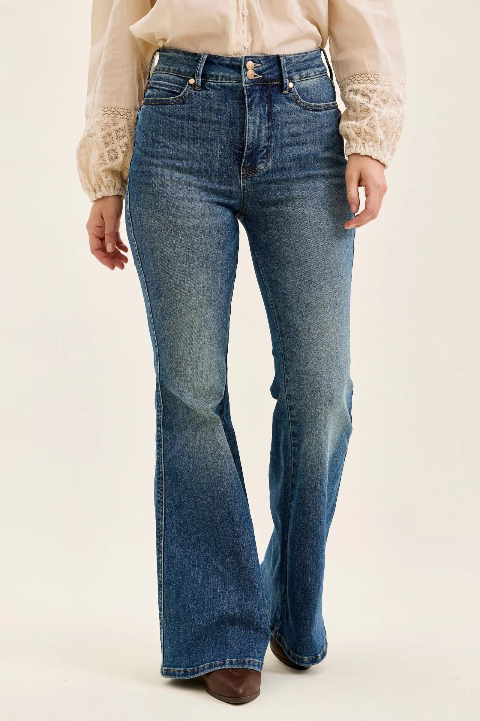 Judy Blue Dark Washed High Waist Double Button Tummy Control Flare Jeans DK