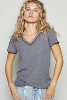 POL Charcoal V-Neck Short Sleeve Ribbed T-Shirt with Contrast Overlock Stitching CHARCOAL