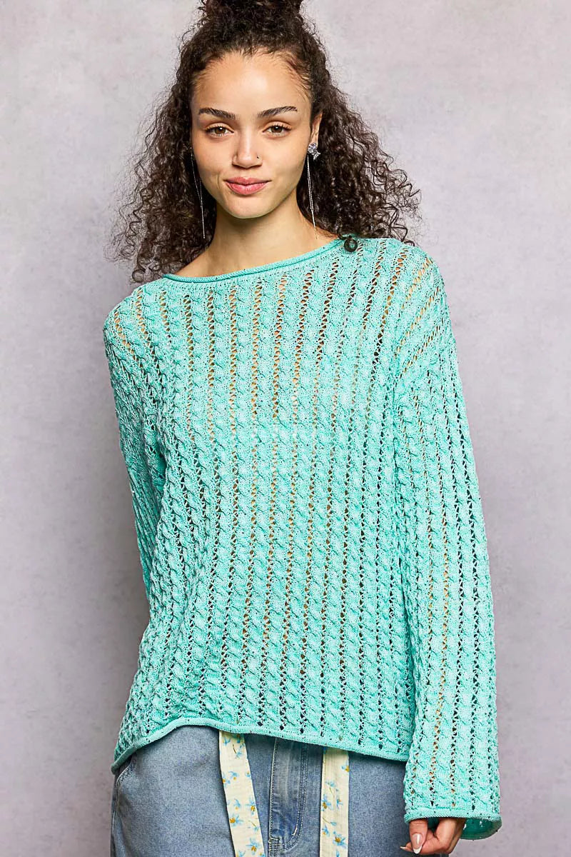 POL Aqua Mint Openwork Round Neck Knit Top with Shiny Detail AQUA MINT