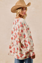 BiBi Oatmeal Floral Print Oversized Waffle Thermal Sweatshirt