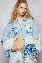 POL Floral Patchwork Denim Shirt with Lace Trim Details