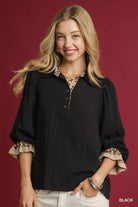Umgee Black Half Button Blouse with Leopard Print Trim Black