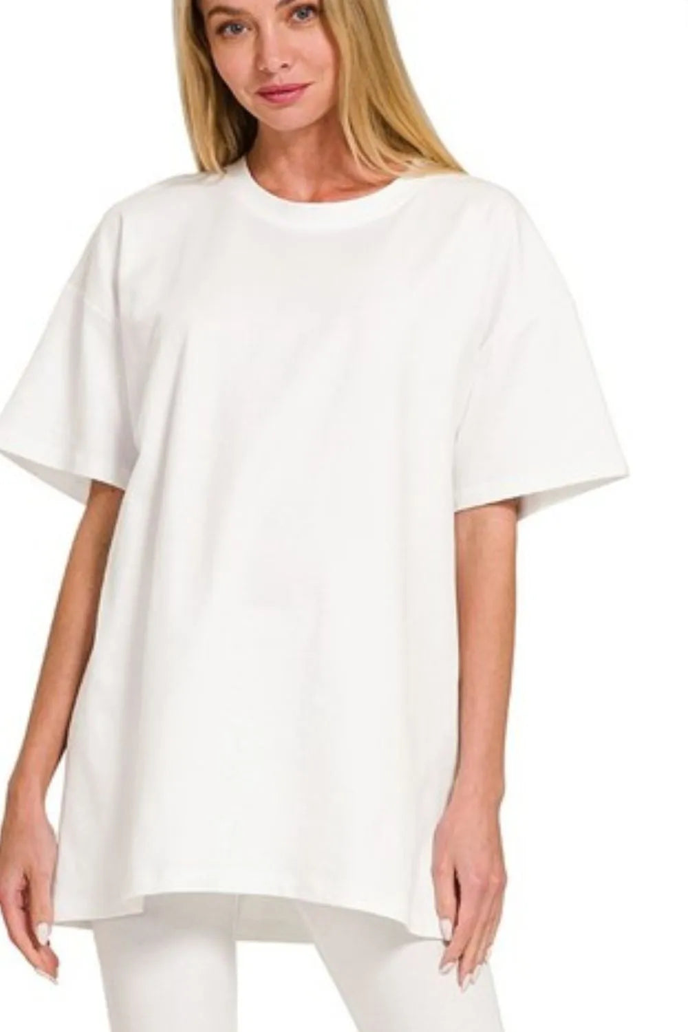 Zenana White Cotton Round Neck Top & Legging Set