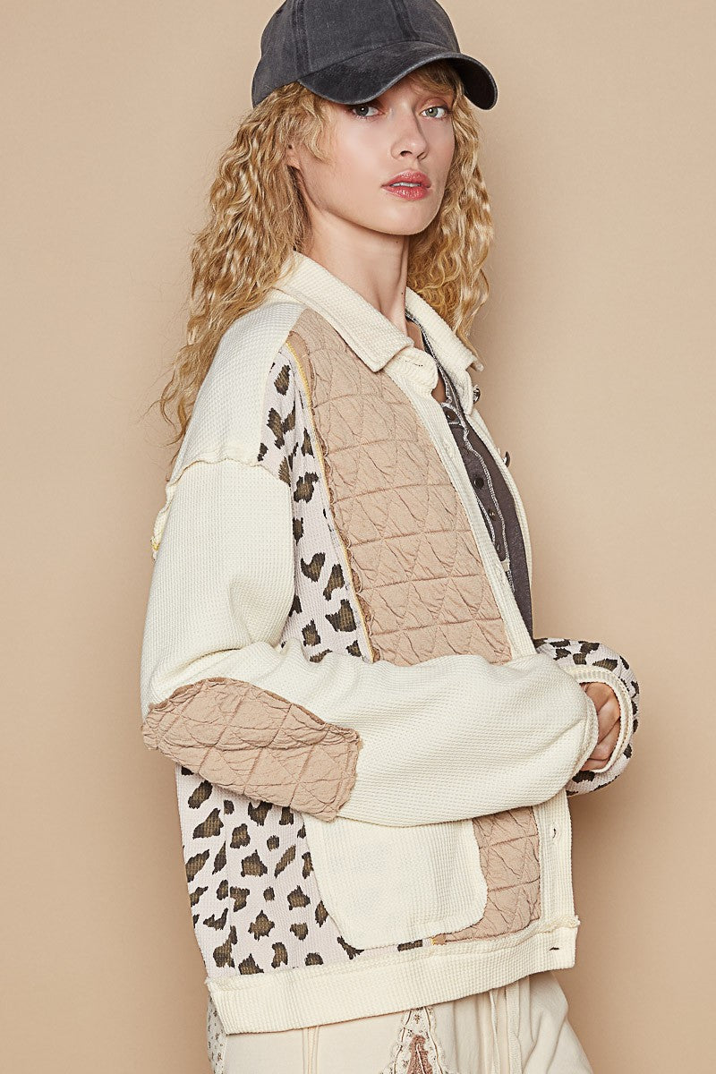 POL Leopard Exposed Seam Button Down Quilted Jacket Trendsi