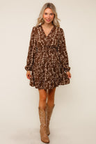 Haptics Mocha Floral Smocked Waist Tiered Woven Dress