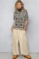 POL Black & Beige Openwork Short Sleeve Crochet Knit Top with Weave Knit Patterns