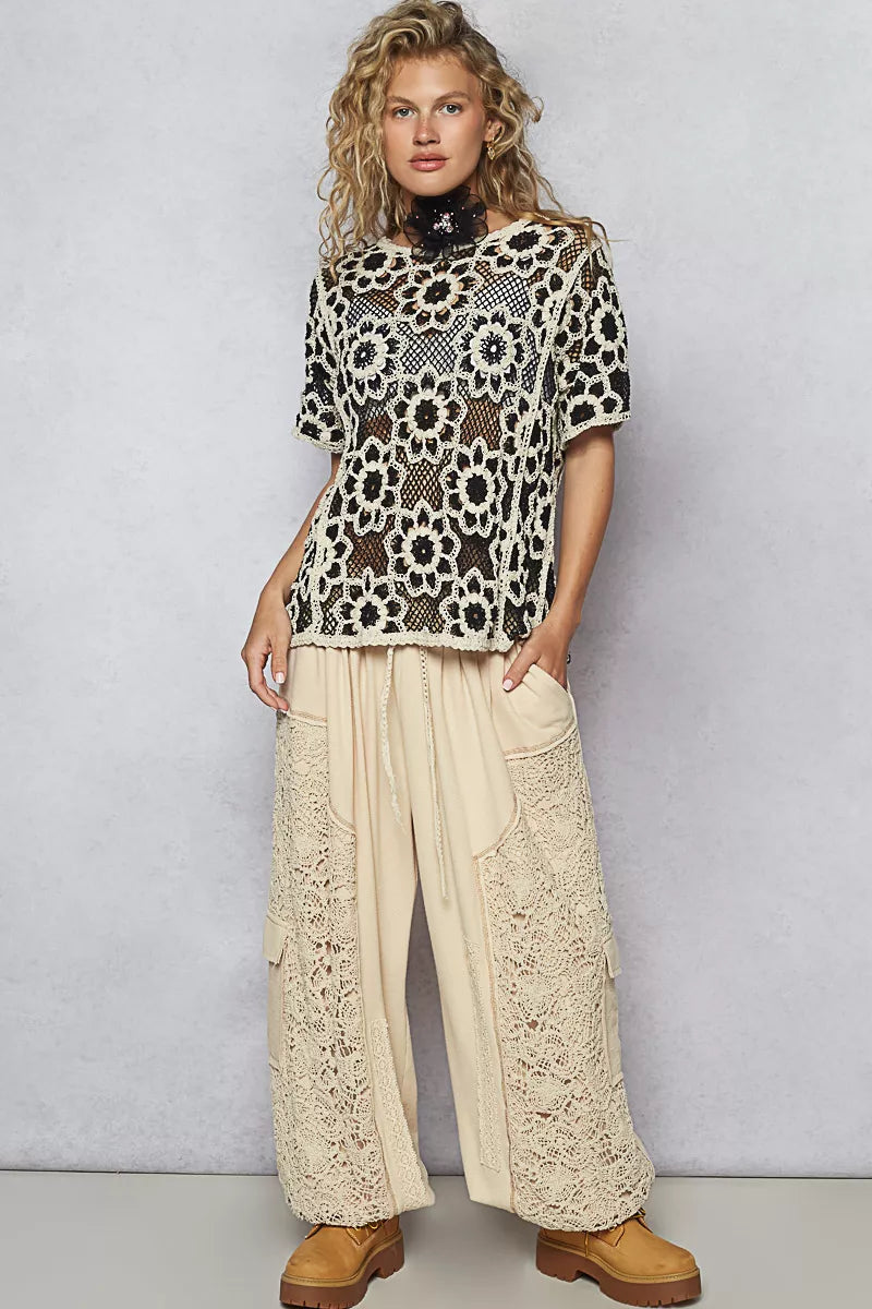 POL Black & Beige Openwork Short Sleeve Crochet Knit Top with Weave Knit Patterns