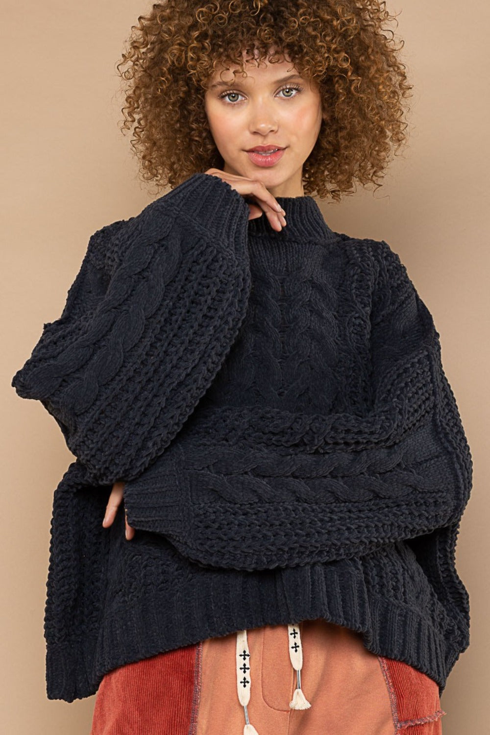 POL Mock Neck Cable Knit Sweater Charcoal Trendsi