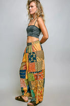 POL Honey Multi Printed Patchwork Wide Leg Pants with Adjustable Side Drawstring