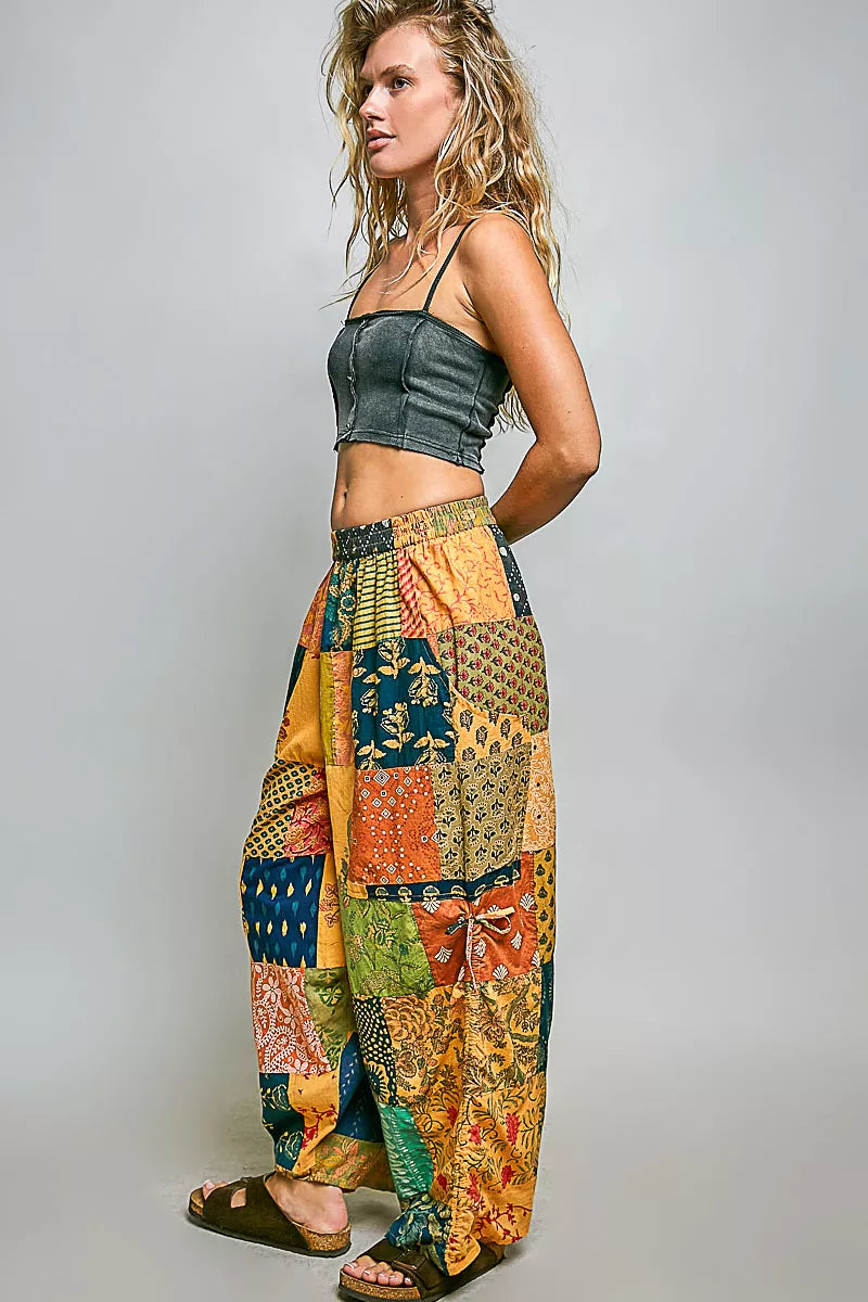 POL Honey Multi Printed Patchwork Wide Leg Pants with Adjustable Side Drawstring