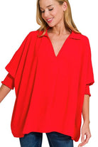 Zenana Tomato Red Airflow Collar Tee with Smocked Sleeve Band Top TOMATO