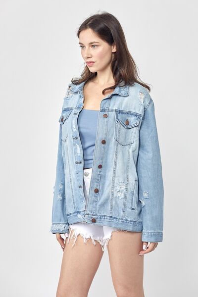 RISEN Light Wash Distressed Long Sleeve Denim Jacket