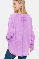 Zenana Lavender Washed Round Neck Thumbhole Long Sleeve Top Shirts & Tops