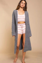 POL Grey Berber Fleece Tie Front Tunic Hooded Cardigan with Pockets