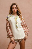 BiBi Ivory & Red Floral Notched Plaid Balloon Sleeve Top