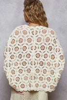 POL Openwork V-Neck Chenille Cardigan with Contrast Floral