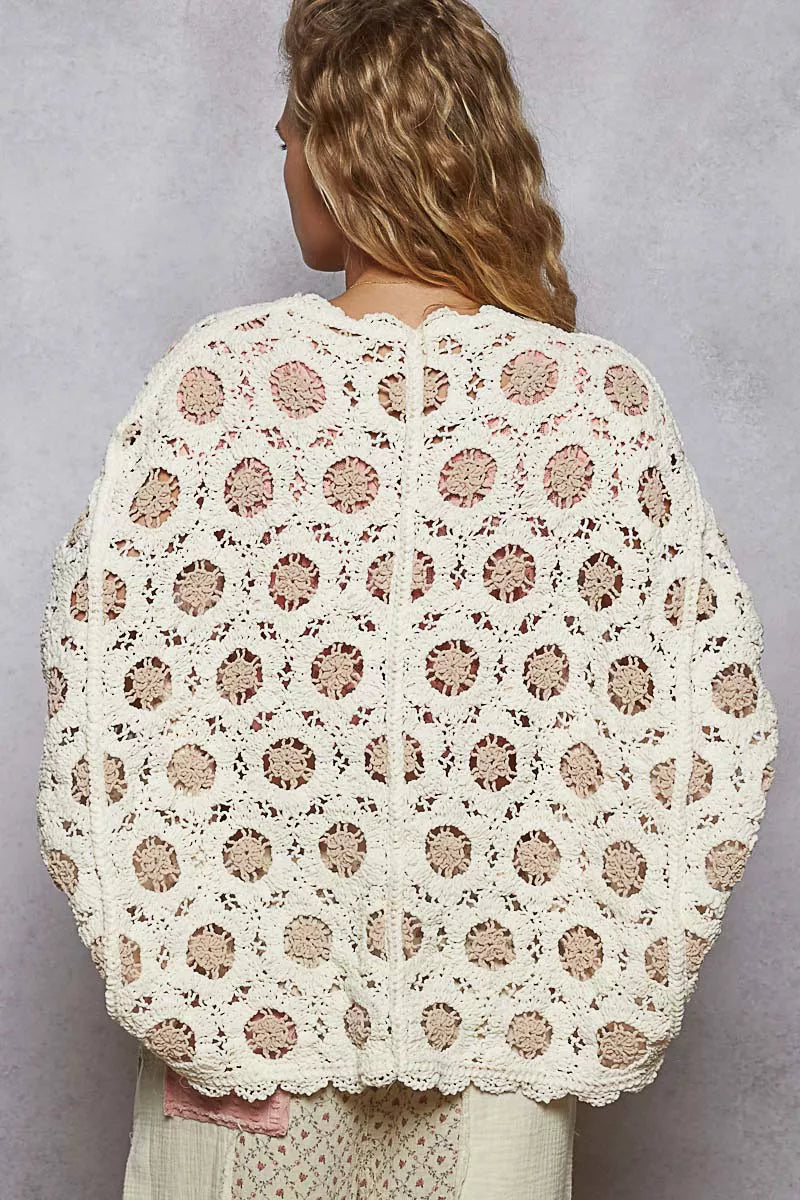 POL Openwork V-Neck Chenille Cardigan with Contrast Floral