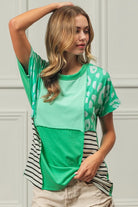 BiBi Mint Combo Leopard and Stripe Color Block Top With Exposed Seam