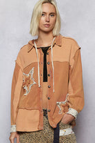 POL Burnt Sienna Button Down Hooded Jacket with with Star Patch Pattern BURNT SIENNA