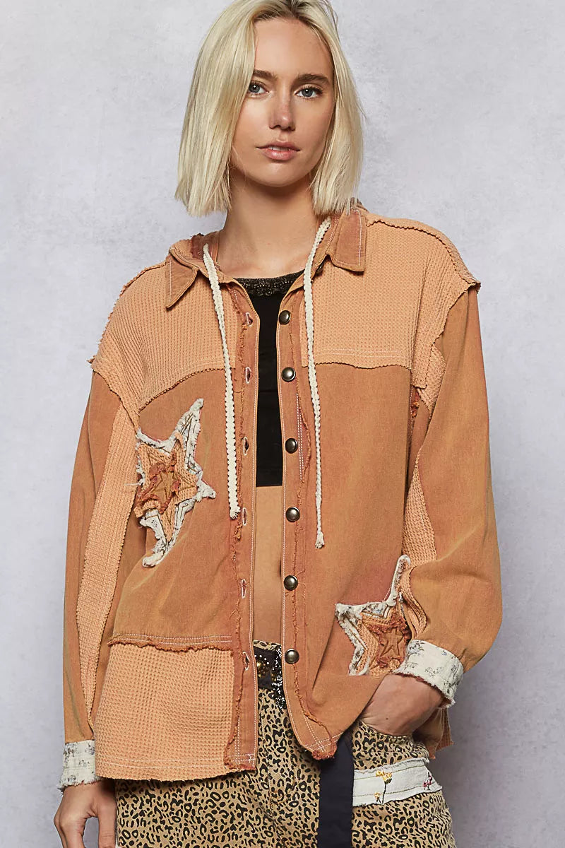 POL Burnt Sienna Button Down Hooded Jacket with with Star Patch Pattern BURNT SIENNA