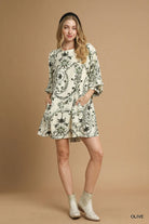 Umgee Olive Boho Printed Balloon Sleeve Mini Dress