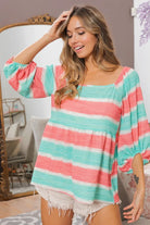 BiBi Jade & Coral Stripe Printed Bubble Woven Balloon Sleeves Babydoll Blouse JADE CORAL