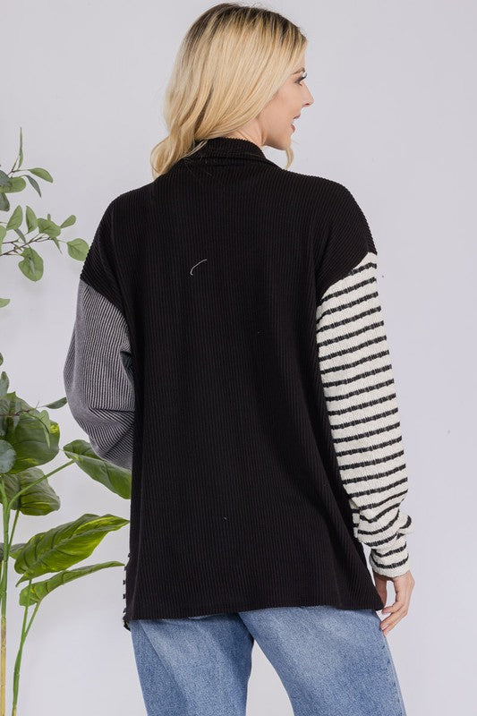 Celeste Black Striped Button Up Dropped Shoulder Shacket