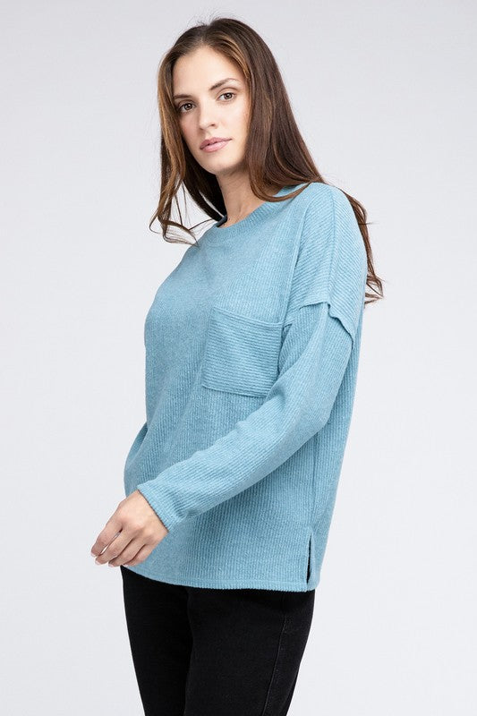 Zenana 4 Colors- Ribbed Brushed Melange Hacci Sweater with a Pocket Shirts & Tops