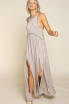 POL Stone Washed Side Slit Cut Out Maxi Dress ROMANTIC TAUPE