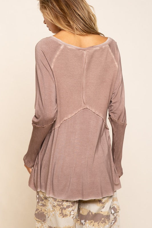 POL Light Wash Rib Textured Long Sleeve Top POL