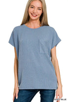 Zenana Dusty Blue Raised Rib Front Pocket Boxy Top DUSTY BLUE