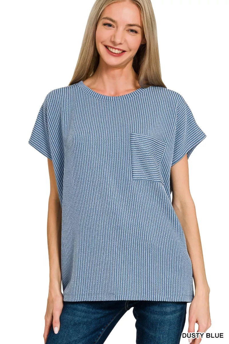 Zenana Dusty Blue Raised Rib Front Pocket Boxy Top DUSTY BLUE