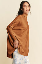 Davi & Dani Caramel High-Low Turtleneck Long Sleeve Knit Top