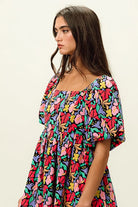 BiBi Black Multi Floral Print Puff Sleeves Square Neck Dress