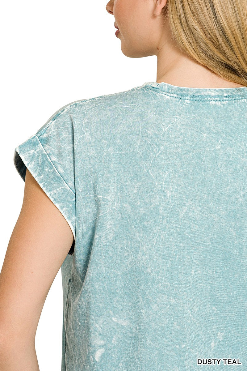 Zenana Dusty Teal Crinkle Washed Round Neck Folded Short Sleeve Tee