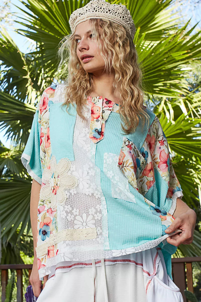 POL Aqua Lace Round Neck Short Sleeve Floral Pattern Top with Patch Detail