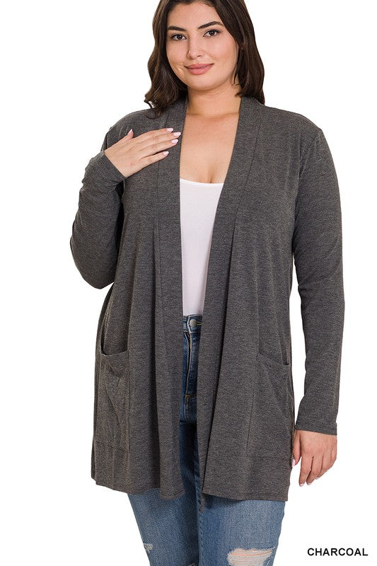 Zenana Plus Size Slouchy Pocket Open Cardigan CHARCOAL ZENANA